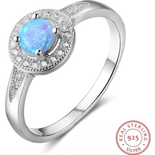 925 Sterling Silver Wedding Engagement Rings Round Blue Opal Ring for Women CZ Finger Rings Silver 925 Jewelry Birthday Gift