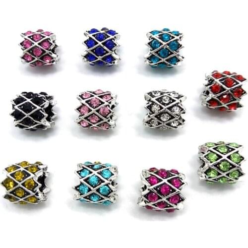Free Shipping 50pcs 10mm alloy big hole beads mix color rhinestone beads charms fit European bracelet DIY new style