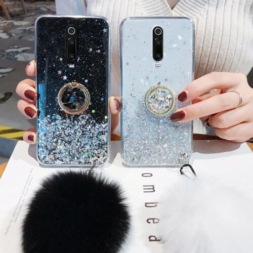 Glitter Ring Stand Hairball Case For Xiaomi Poco F3 F2 Pro Case Phone Holder Cover Xiaomi Redmi K40 K30 K20 Mi 9T Pro Cover Capa