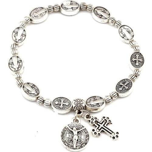 1Pcs Benedict Santa Cruz Cross Oval Beaded Bracelets For Men Women Christ Juses Virgin Mary Pendant Bangles C-88