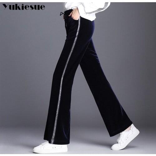 Wide leg pants for women pleuche velour high waist elastic striped patchwork OL casual long pants female trousers Plus size