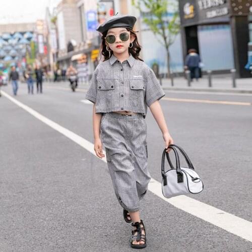 Children plaid Turn-down Collar sets 2021 summer new short tops + pants 2pcs suits baby girl fashion sets 4-16Y wz264