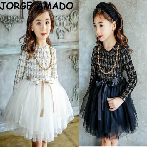 Kids Dresses for Girls Navy White Plaid Long Sleeve Princess Dress Bow Sash Spring Autumn Kids Clothing E8257