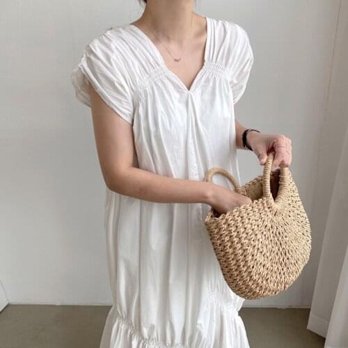 Korean Chic Minimalism Elegant V-Neck Loose Pleated Short-Sleeved Mid-Length Ruffled Irregular Dress