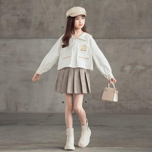 8 10 years Kids Girls Pleated Skirts Suits 2021 New White Blouse 2 pieces Clothing Set