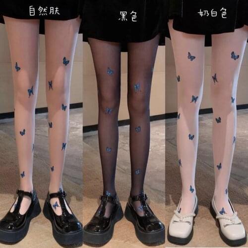Hot New Blue Butterfly Silk Stockings Lolita Cartoon Socks Spring Summer Loli Cosplay Sexy Thin Tight Leggings