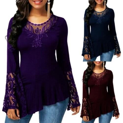 Plus Size Casual V-Neck Long Sleeve To p s 2019 New Spring Women Lace Patchwork Blouse Shirt Female Tunic Drop shipping
