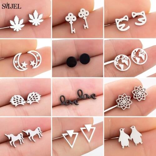 Stainless Steel Stud Earrings for Women Minimalist World Map Unicorn Key Triangle Earings Fashion Jewelry Best Gift for Friend