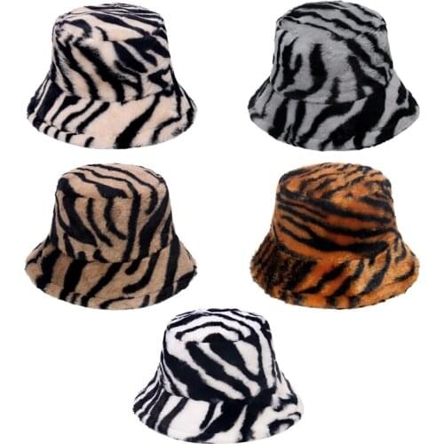 D0LF Vintage Fluffy Bucket Hat Zebra Striped Plush Hat Fisherman Ear Protection Fisherman Hat Wide Brims Cover Face Warm