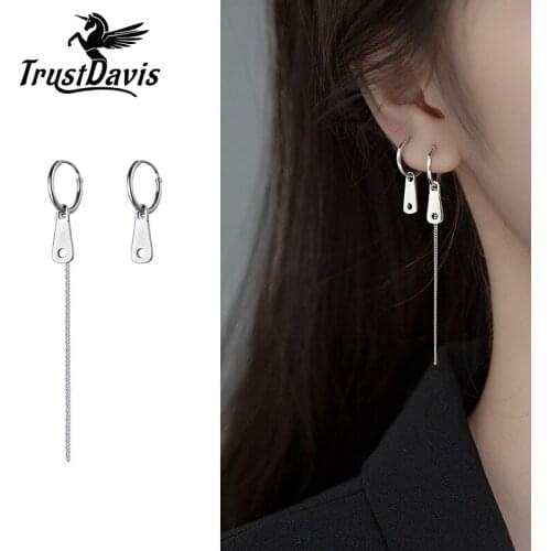 Trustdavis Authentic 925 Sterling Silver Sweet Gothic Asymmetric Chain Hoop Earrings For Women Wedding Party Fine Jewelry DA754