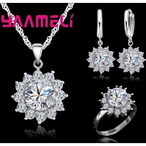 High Quality 925 Sterling Silver Sun Flowers Cubic Zirconia Necklace Earrings+Rings Crystal Jewelry For Women Wedding