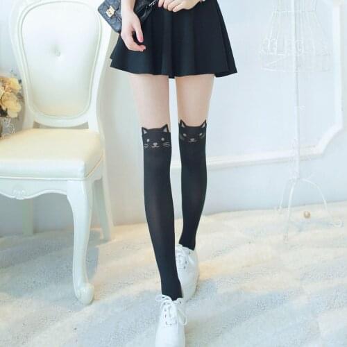 Japanese Women Fake Thigh High Knee Cartoon Cat Tail Stitching Stockings Pantyhose