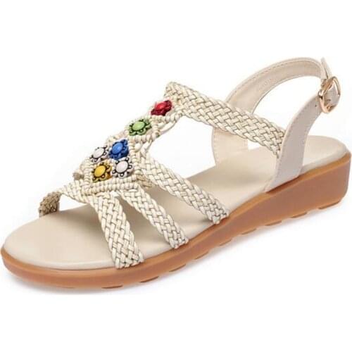 2021 New Bohemian Microfiber Weaving Summer Women Sandals Soft Sole Comfort Flat Sandals Fashion Casual Shoes Sandals Big Size