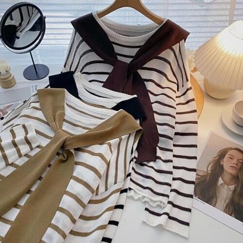 Korean Fashion Pullover Knitted Tops Women Long Sleeve Y2k Stripe Blouse + Pure Color Shawl 2 Piece Set Vintage Tops 2021 Autumn