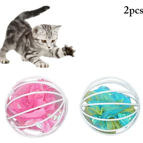 2PCS Candy Color Interactive Cat Ball Toy Crinkle Ball In Cage Steel Wire Hollow Cat Play Teaser Cat Ball Toy Cat Pet Supplies