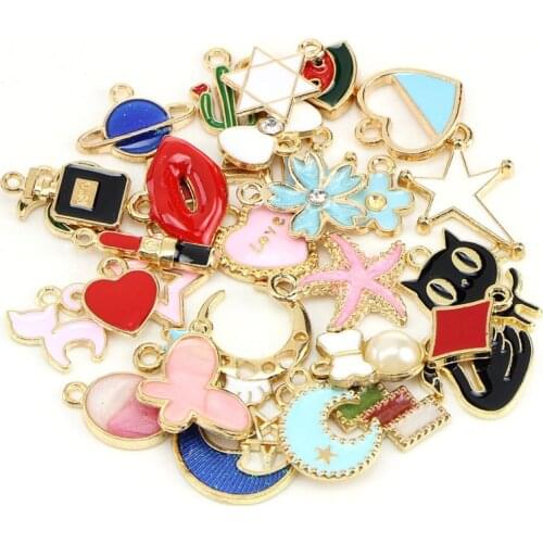 10/30pcs Colorful Seastar Hexagon Moon Cat Flower Bowknot Enamel Charms DIY Bracelet Necklace Jewelry Accessory DIY Craft