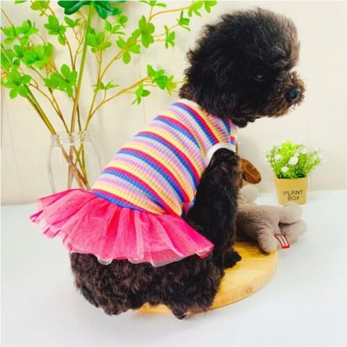 Cotton Dog Dress Summer Pet Clothes Rainbow Stripes Dog Clothing Skirt Tutu Princess Costume Apparel Puppy Small Dog Clothes