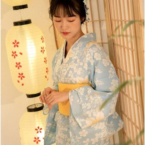 Japanese Yukata Kimono Dress Female Costume Geisha Cosplay Yellow Obi Yukata Women Traditional Japanese Kimonos Cosplay FF2662