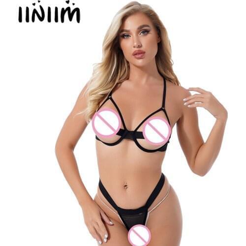 Women Erotic Hollow Out Sexy Lingerie Set Open Nipples Bra Brassiere Adjustable Straps Underwire Bra with Low Rise G-Strings