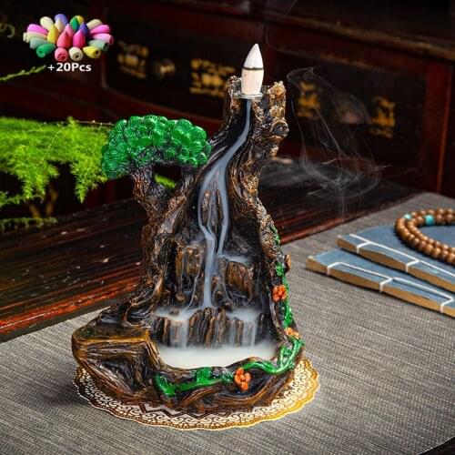 +20Pcs Incense Cones Handmade Resin Incense Burner Rockery Mountain Water Tree House Landscape Waterfall Backflow Incense Holder