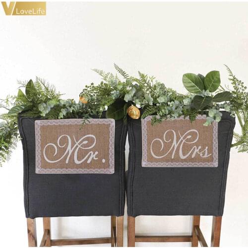 2pcs/set Wedding Burlap Chair Mr&Mrs Sashes Lace Logo Hessian Jute Burlap for Wedding Party Shower Natural Wedding decoration