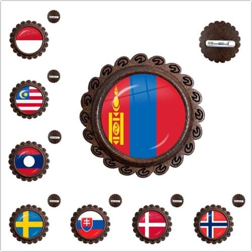 Malaysia, Laos, Denmark, Norway, Sweden, Slovakia National Flag Wood Glass Cabochon Punk Brooches Pins Bag Accessories Gift