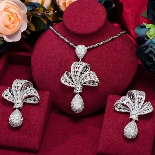 Missvikki Trendy Luxury Gorgeous Big Bow-knot Pendant Earrings Necklace PARTY Cubic Zircon Crystal CZ aretes de mujer modernos