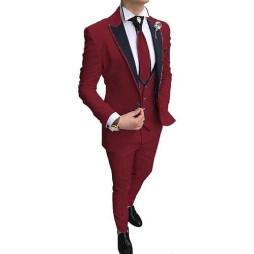2021 Costume Homme Burgundy Mens Dinner Party Prom Suits Groom Tuxedos Groomsmen Wedding Suits For Men Blazer (Jacket+Vest+Pant)