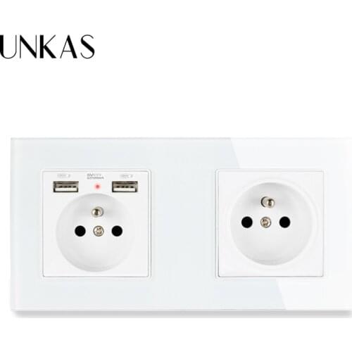 UNKAS French Standard Tempered Crystal Glass Panel Wall Socket With Dual USB Charging Port + 1 Gang French Outlet 172 * 86mm