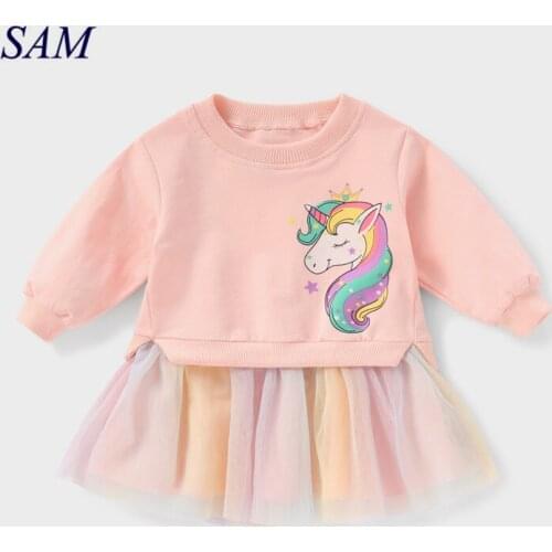 2020 autumn childrens casual dress baby girls cartoon sweater mesh splicing dresses kids party colorful dress