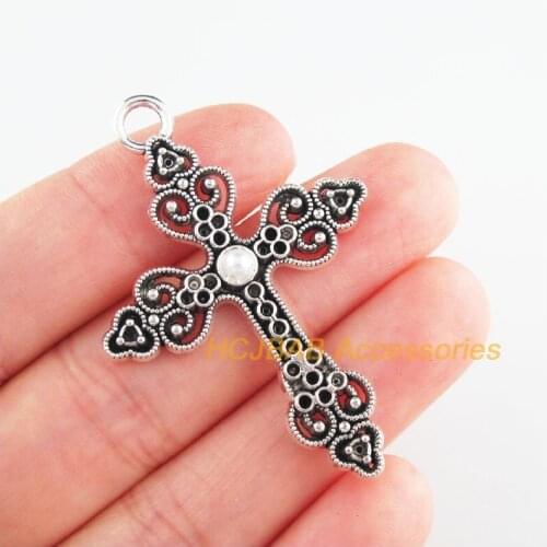 8Pcs Tibetan Silver Tone Retro Cross Heart White Bead Charms Pendants 34.5x50mm
