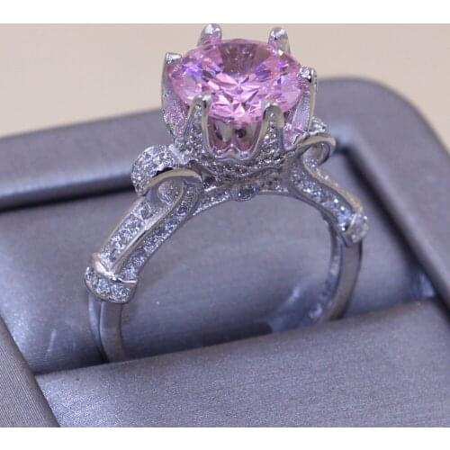 Size 5-10 Stunning Cute Fashion Jewelry 925 Sterling Silver Filled Round Cut Pink 5A CZ Party Gift Wedding Women Crown Band Ring