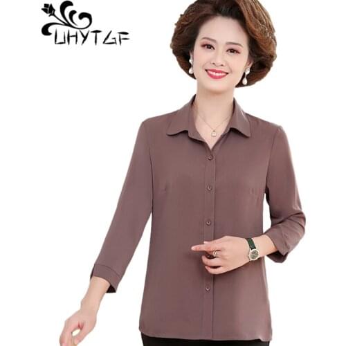 UHYTGF Spring Autumn Blouses Womens Casual Comfortable Short Tops Single-Breasted Elegant Mother Slim 5XL Plus Size Shirt 1566