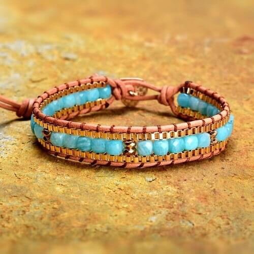 Vintage Natural Stone Jewelry Handmade Weave Amazonite with Gold Chain Bracelets for Women Boho Female Beaded Wrap Bracelet