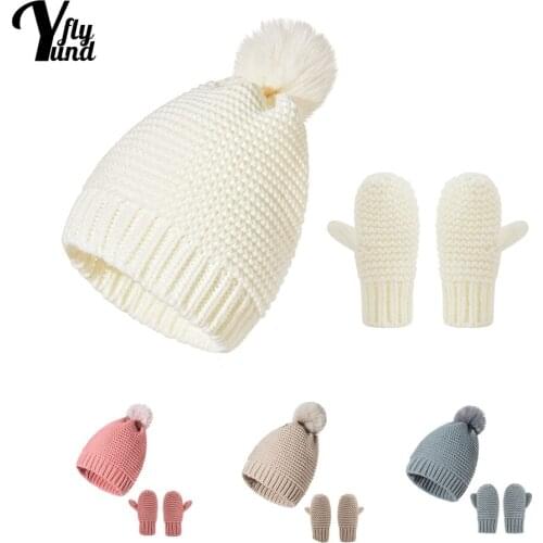 Yundfly Comfortable Warm Knitting Wool Hat and Gloves Two Piece Set Solid Color Handmade Crochet Infant Caps Baby Girls Headwear