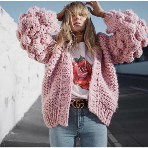 Women Cardigan Thick Sweater Lantern Sleeve Large Loop Elegant Textured Knitwear Sweet Long Sleeves Casual Chic Tops Streetwear