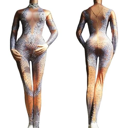 Floral Pattern Printing Striped Long Sleeve Tights Jumpsuits Rhinestones Backless Leotard Women Nightclub Dance Show Wear