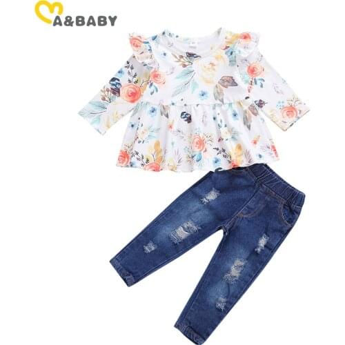 Ma&Baby 1-5Y Toddler Baby Kid Girls Flower Clothes Set Long Sleeve Ruffles Tunic T shirt Tops Denim Pants Autumn Winter Costumes