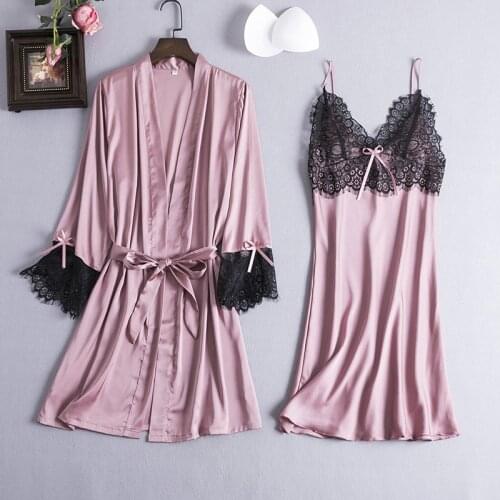 Lady Lace Flower Trim Patchwork Rayon Robe Gown Sets Sexy 2PCS Sleep Suit Bathrobe Lingerie Nightwear Spring Lounge Home Wear