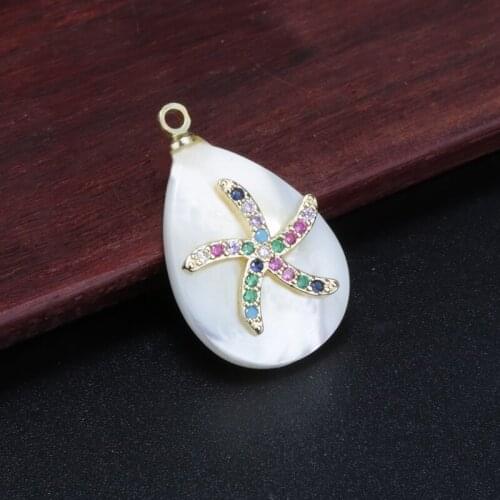 Gold starfish Multi-color Zirconium glass paved charm white water drop mother pearl shell pendant & choker necklace for women