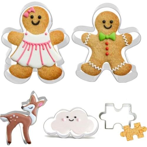 2Pcs Christmas Cookie Cutter Tools Gingerbread Men Cloud Elk Deer Puzzle Shape Holiday Biscuit Mold Kitchen Cake Decorating Tool