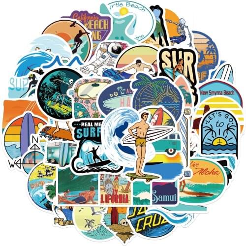 25/50PCS Outdoor Hawaii Surfing Stickers Summer Tropical Beach Surfing Waterproof DIY Surfboard Car Skateboard Decal Sticker