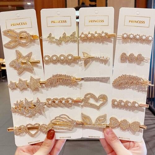 3/5PCS/Set New Women Luxury Shining Gold Rhinestone Geometric Metal Hairpins Sweet Hair Clips Headband Fashion Hair Accessories