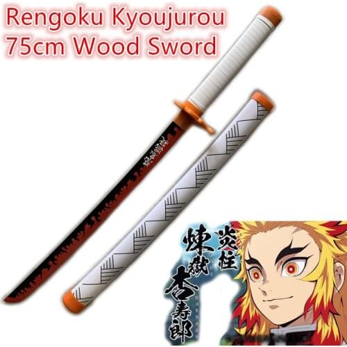80cm Sword Weapon Demon Slayer Rengoku Kyoujurou Fire White Sowrd Cosplay 1:1 Anime Kimetsu no Yaiba Ninja Knife Wood Prop Model