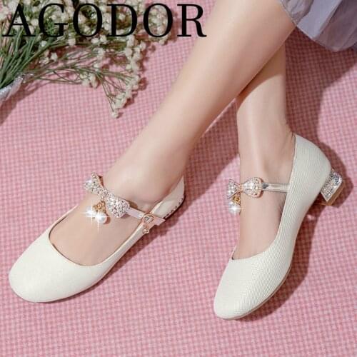 AGODOR Lolita Mary Janes Pumps Low Heel Glitter Women Pumps Cute Girls Lolita Shoes Bow Pumps Preal Spring New Fashion Pumps