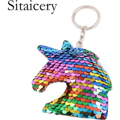 Sitaicery Unicorn Keychain Reflective Pompom Sequins Drive Safe Key Chain Boyfriend Gift Cute Keychains For Men Llaveros Brelok