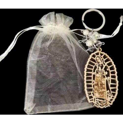 1PC Wood Baptism Gifts First Communion Party Favors Laser Cut Keychains Christening Souvenirs with Organza Bags