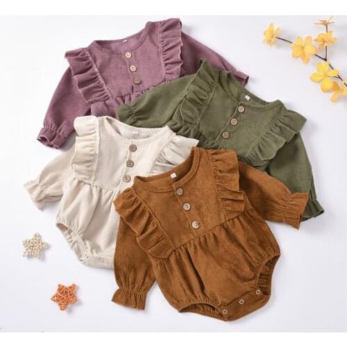Baby Romper Jumpsuit Spring Autumn Corduroy Ruffle Baby Girls Romper Long Sleeve Infant Baby Girls Outfit Toddler Baby Clothes