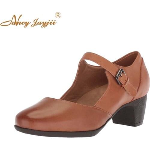 Brown Women Pumps Ladies Shoes Mature Summer Spring Mary Jane Ankle Buckle Strap Round Med Heel Leisure Office Career