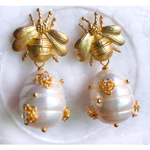 Missvikki Noble Trendy Vintage golden natural pearl Pendant Earrings for Women Girl Bridal Wedding Party Show Earring Jewelry